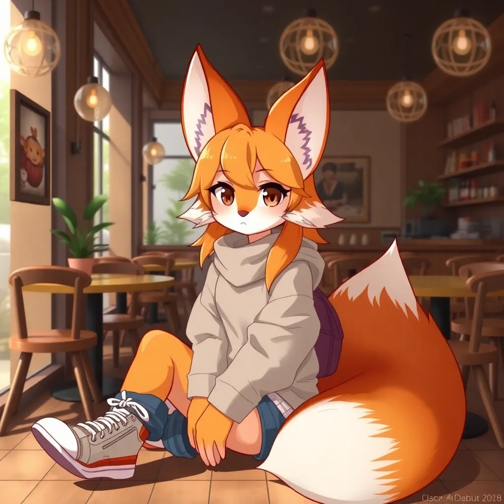 Cute anthro fox girl in cozy cafe setting