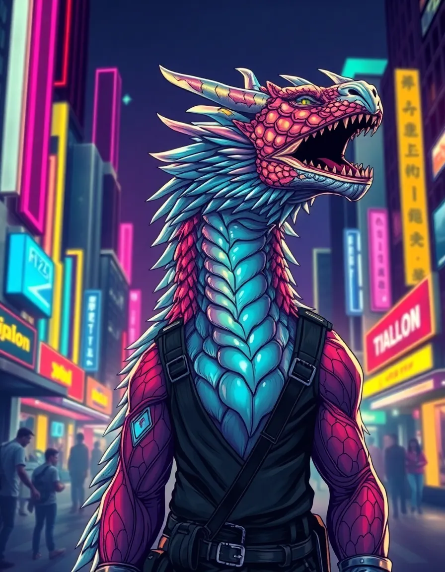 Majestic dragon furry in cyberpunk setting