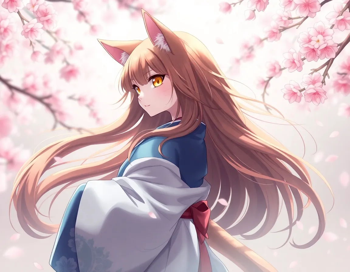Elegant anthro cat girl in traditional kimono