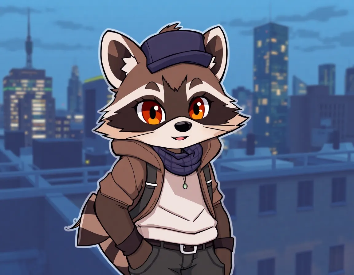 Playful anthro raccoon in urban setting